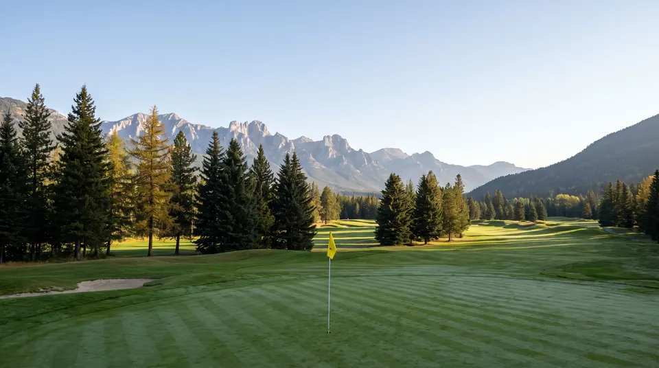 A putting green at sunrise with mowing stripes, a white flagstick with a plain yellow flag, pines and golden larches, and grey limestone peaks behind.