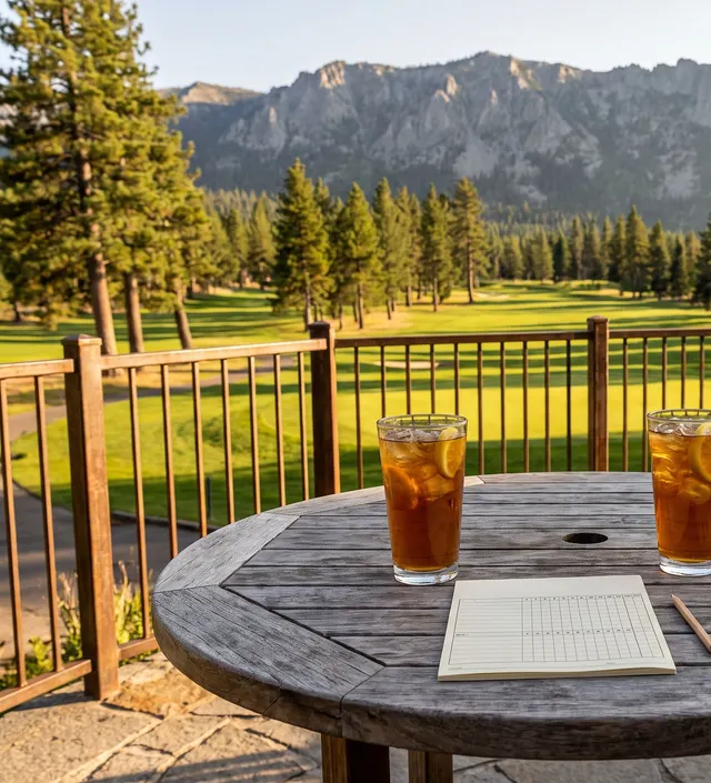 A wooden table on a clubhouse patio with two glasses of iced tea, a blank scorecard and a pencil, a fairway and pines beyond the railing.