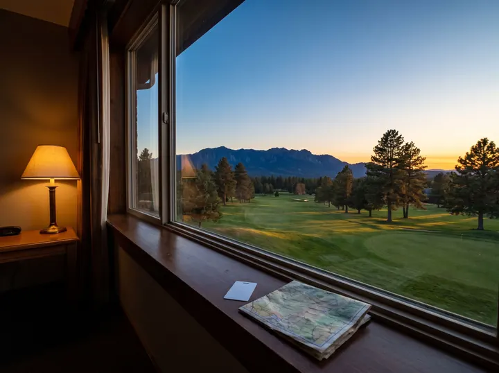 A hotel room window at dusk looking over a golf course and a mountain ridge, a key card and a folded map on the sill, a lamp glowing inside.