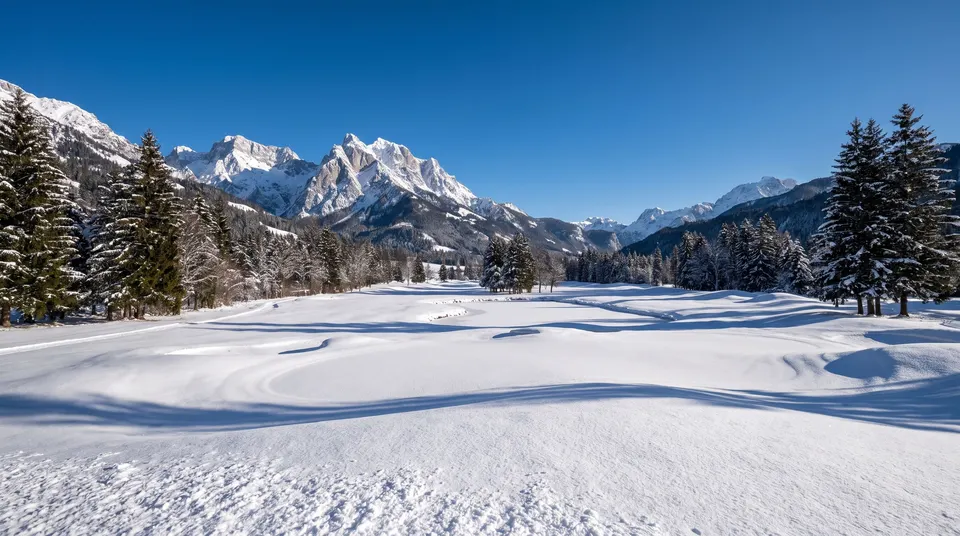 A golf course under deep snow in a mountain valley, snowy pines and sharp white peaks under a clear blue sky.
